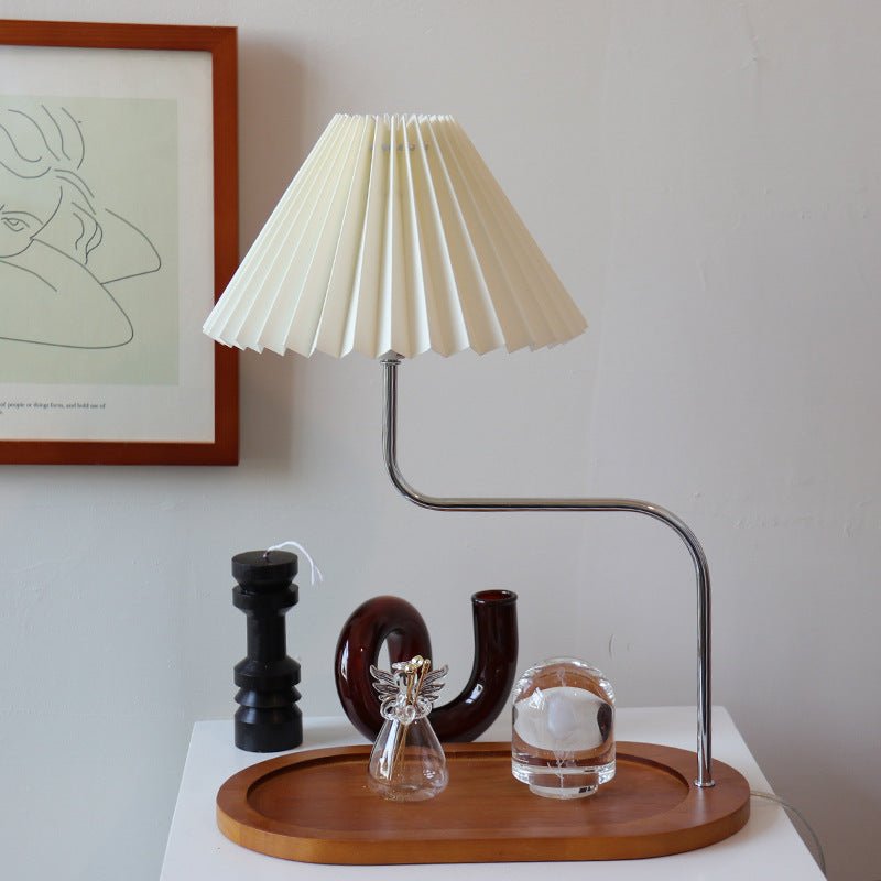 Pleated Wooden Tray Lamp / Cream